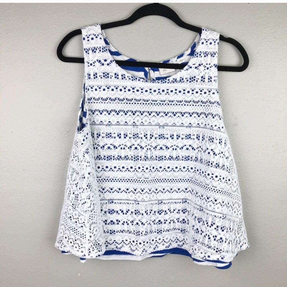 Anthropologie Lace Crochet Tank Top Blue White Striped Swing Boho Sleeveless M